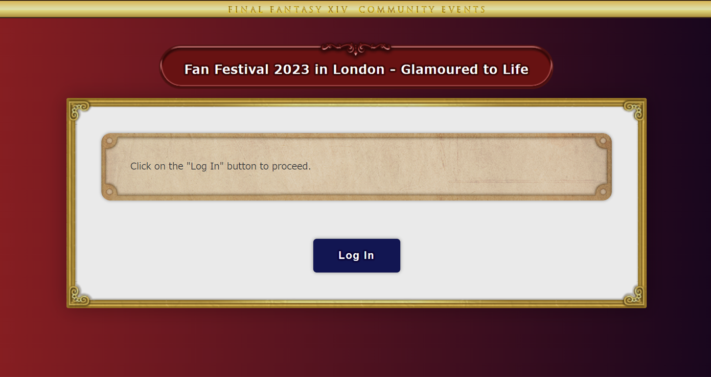 A screenshot of the landing page for Glamoured To Life participant registration, with the text click the log in button to proceed, and a button saying log in underneath.