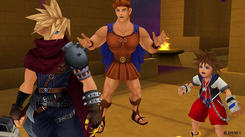 Cloud, Hercules and Sora speaking to one another