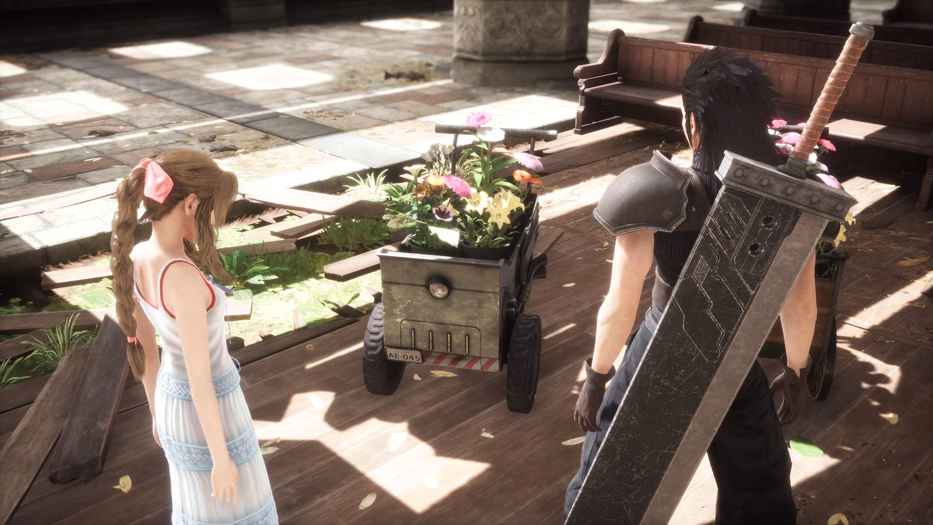 Zack and Aerith building a flower wagon