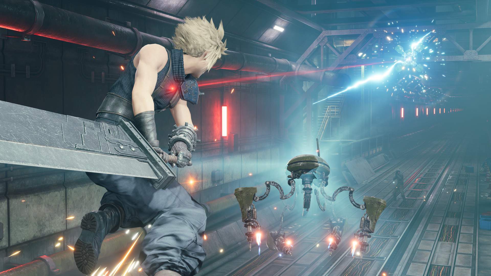 Cloud fighting a robot in a Midgar tunnel