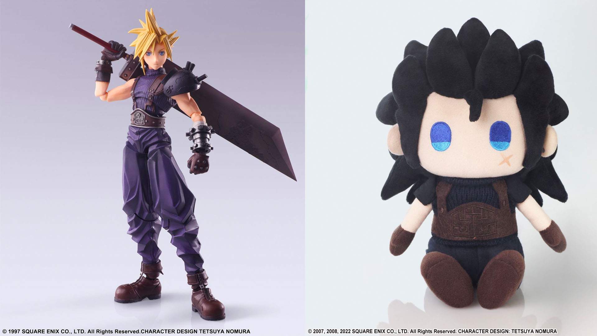 Bring Arts Cloud Strife action figure and CRISIS CORE –FINAL FANTASY VII– REUNION Zack Plush side by side