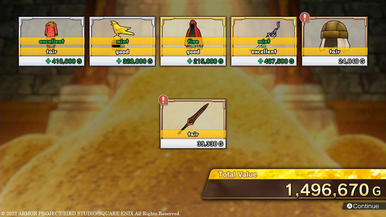 Screen showing treasure condition and valuations