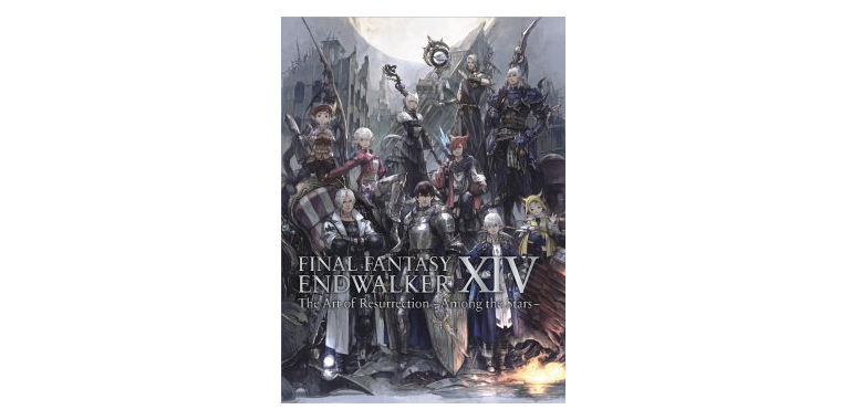 The cover of the book Final Fantasy 14 Endwalker The Art of Resurrection – Among the Stars. It is an illustration of the scions of the seventh dawn against a grey, moonlit background.