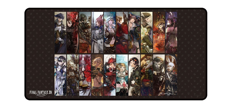 A Final Fantasy 14 themed mousepad featuring illustrated characters of different races as all 20 available jobs. The background is a pattern constructed of the job symbols.