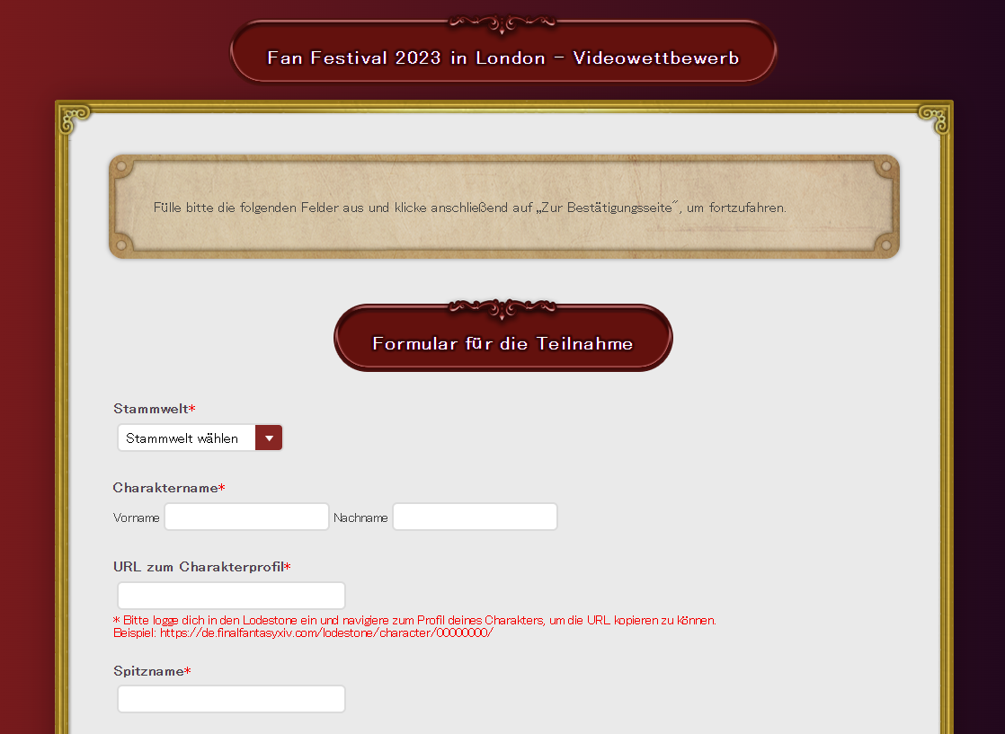 Ein Screenshot des Teilnahmeformulars für den Videowettbewerb des Fan Festivals 2023 in London, das Felder wie Stammwelt, Charaktername und Spitzname zeigt.