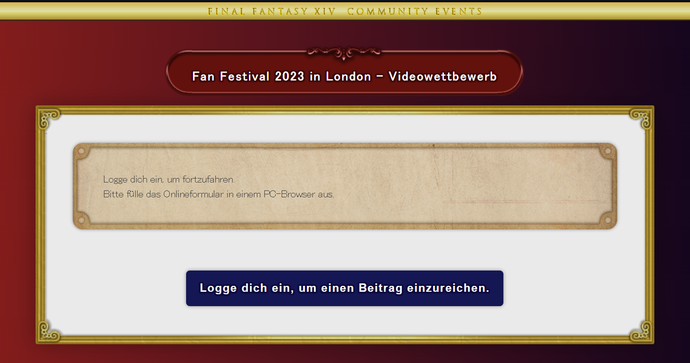 Ein Screenshot der Login-Website für den Videowettbewerb des Fan Festivals 2023 in London. Ein Textfeld weist darauf hin, einen PC-Browser für die Anmeldung zu nutzen. Darunter ist das Login-Feld.