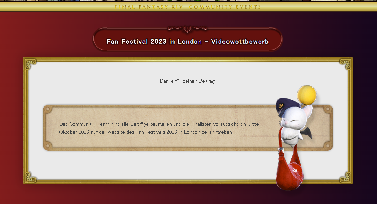 Ein Screenshot der Beitragsbestätigung für den Videowettbewerb des Fan Festivals 2023 in London. Neben dem Textfeld, dass Finalisten Mitte Oktober kontaktiert werden, ist eine Post-Mogry-Illustration.