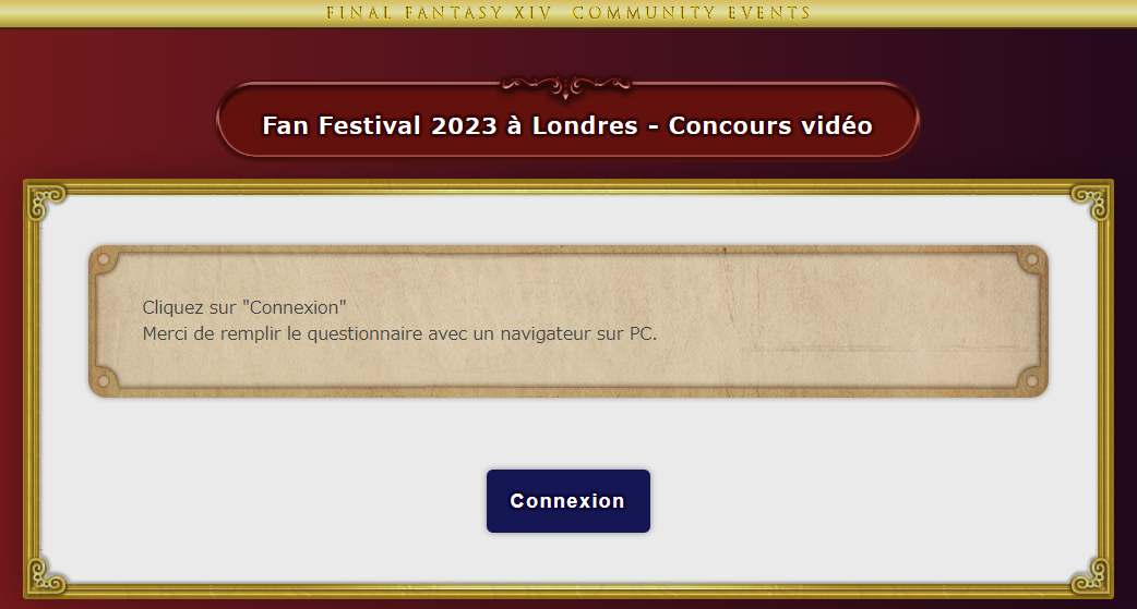 Une capture d'écran de la page de connexion pour accéder au formulaire de participation au concours vidéo du Fan Festival 2023 à Londres. On peut y voir le bouton de connexion.