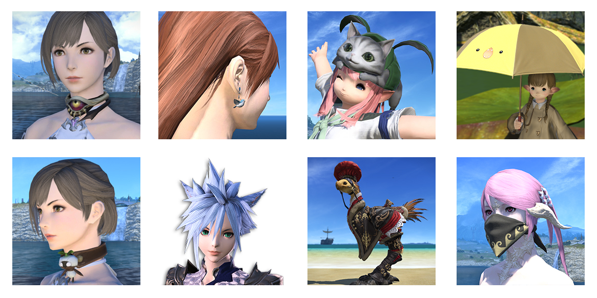 Eight square images of player characters sporting different Final Fantasy 14 in-game items, including hairstyles, fashion accessories, and chocobo wearing the noble barding.