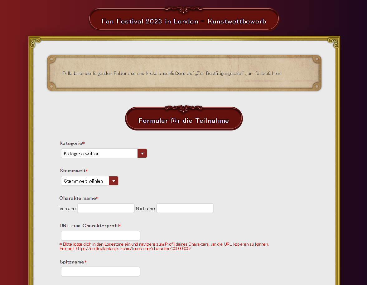 Ein Screenshot des Teilnahmeformulars für den Kunstwettbewerb des Fan Festivals 2023 in London, das Felder wie Stammwelt, Charaktername und Spitzname zeigt.