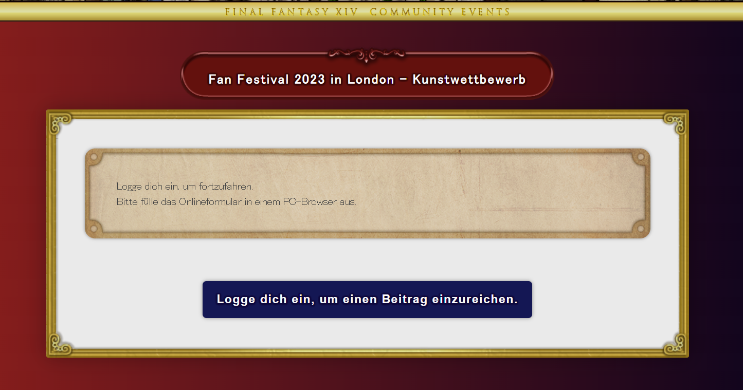 Ein Screenshot der Login-Webseite für den Kunstwettbewerb des Fan Festivals 2023 in London. Ein Textfeld weist darauf hin, einen PC-Browser für die Anmeldung zu nutzen. Darunter ist das Login-Feld.