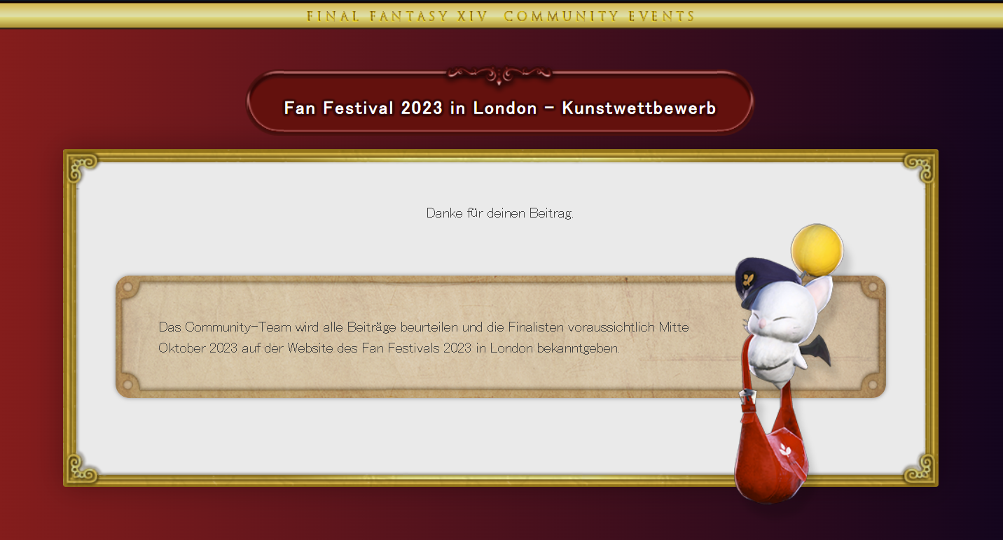 Ein Screenshot der Beitragsbestätigung für den Kunstwettbewerb des Fan Festivals 2023 in London. Neben dem Textfeld, dass Finalisten Mitte Oktober kontaktiert werden, ist eine Post-Mogry-Illustration.