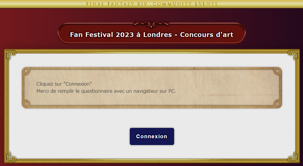 Une capture d'écran de la page de connexion pour accéder au formulaire de participation au concours d'art du Fan Festival 2023 à Londres. On peut y voir le bouton de connexion.