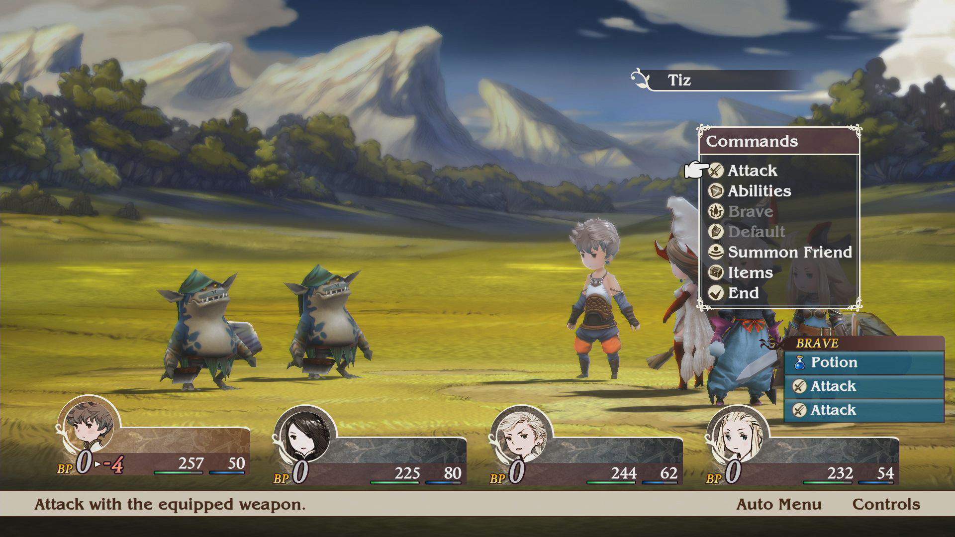 Brave lets you act up to four times in a single turn.  Annihilate the enemy with an onslaught of attack moves or recover from a sticky situation with a combination of resurrection and healing moves.  You can even take an advance and use BP you’ve yet to use up… though this will drive your BP into the negative and prevent you from further action until it returns to zero. Take care not to overplay your hand with thoughtless bravery.