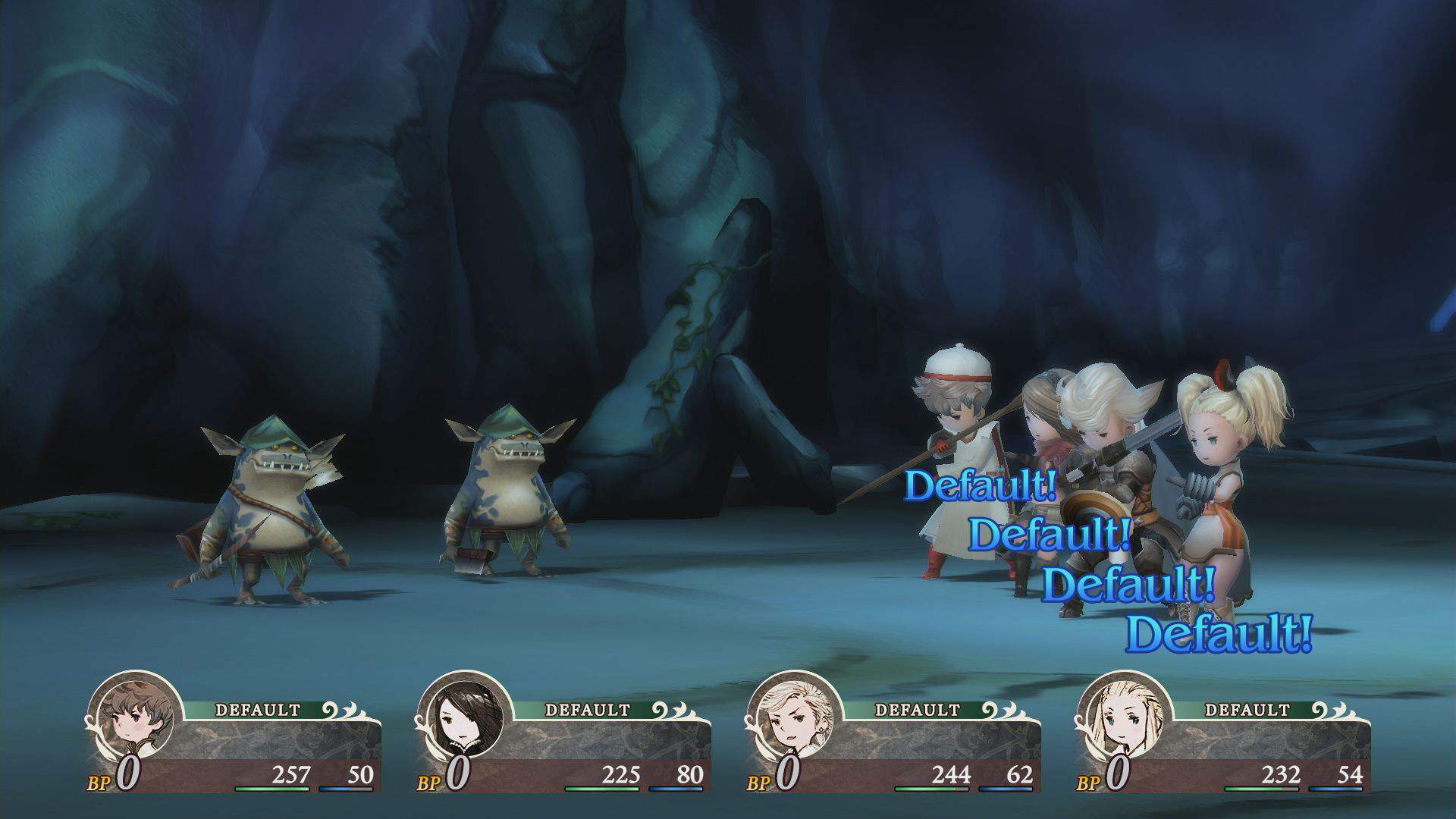 Default lets you store up BP, while also lessening damage taken. A turn spent defaulting is also an opportunity to analyze the enemy’s actions - invaluable when going up against an unknown foe or a boss.  The enemy is able to brave and default, too; if you see them defaulting in a row, you had better prepare some way to bear the braving to follow.