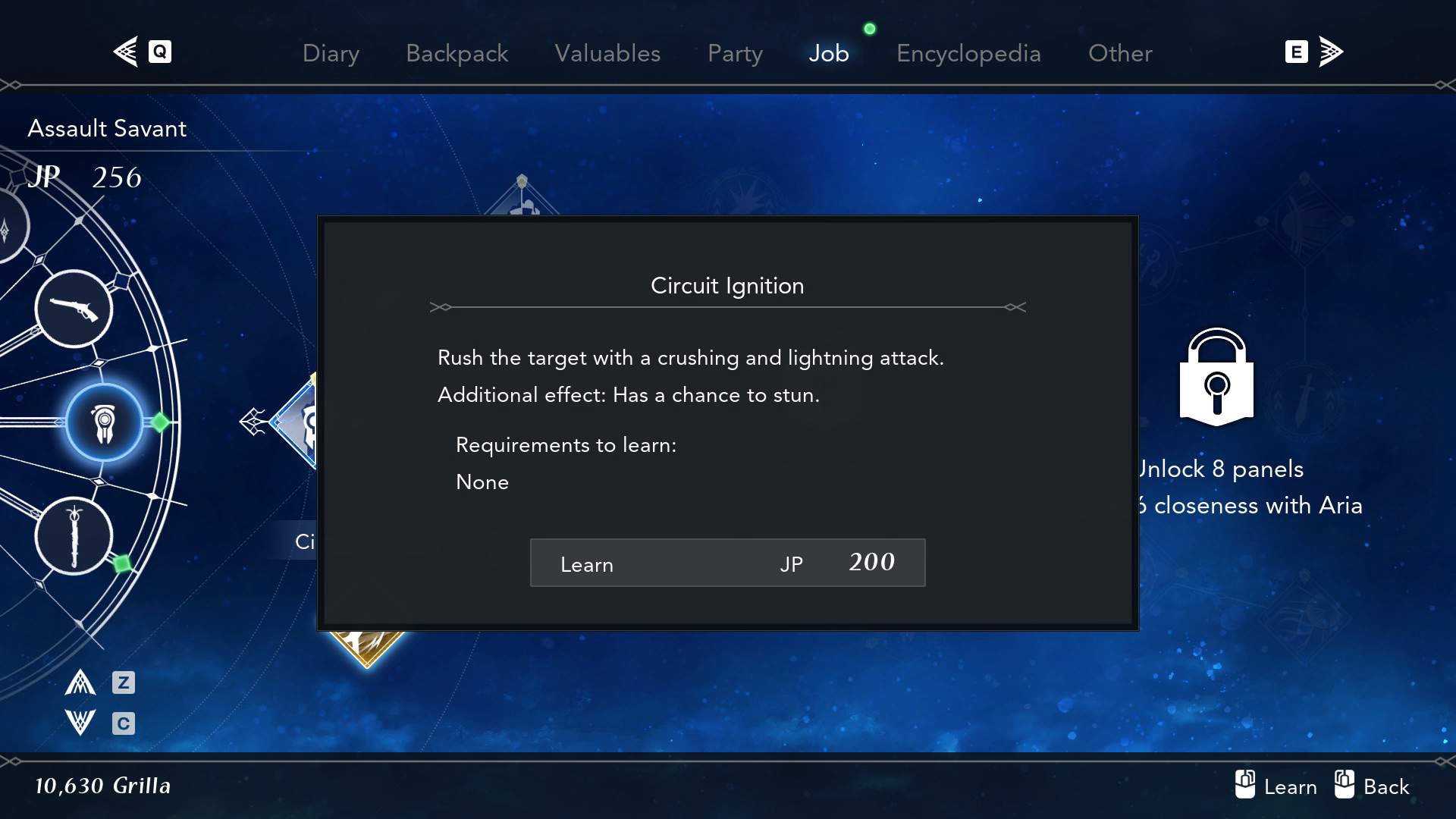 The Skills screen showing the Circuit Ignition ability