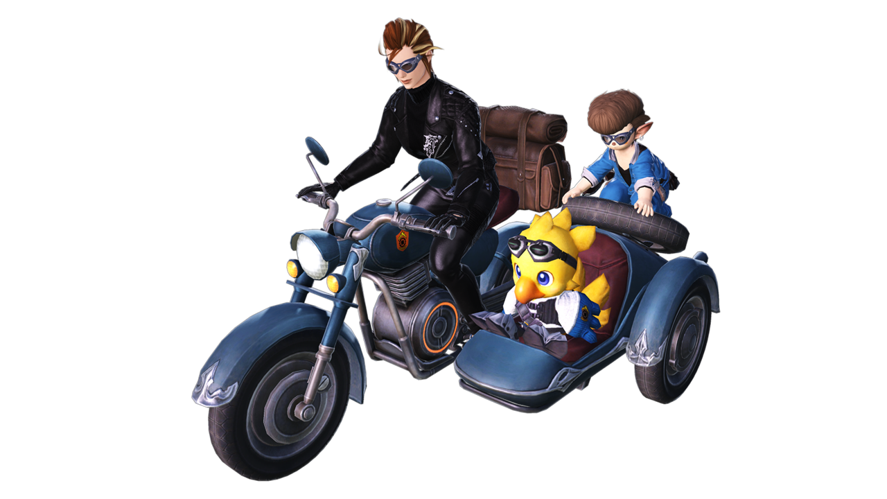 A Hyur sits in the driver seat of a motorcycle with a side car on its left, which features Alpha in the seat and a Lalafell riding on the back.
