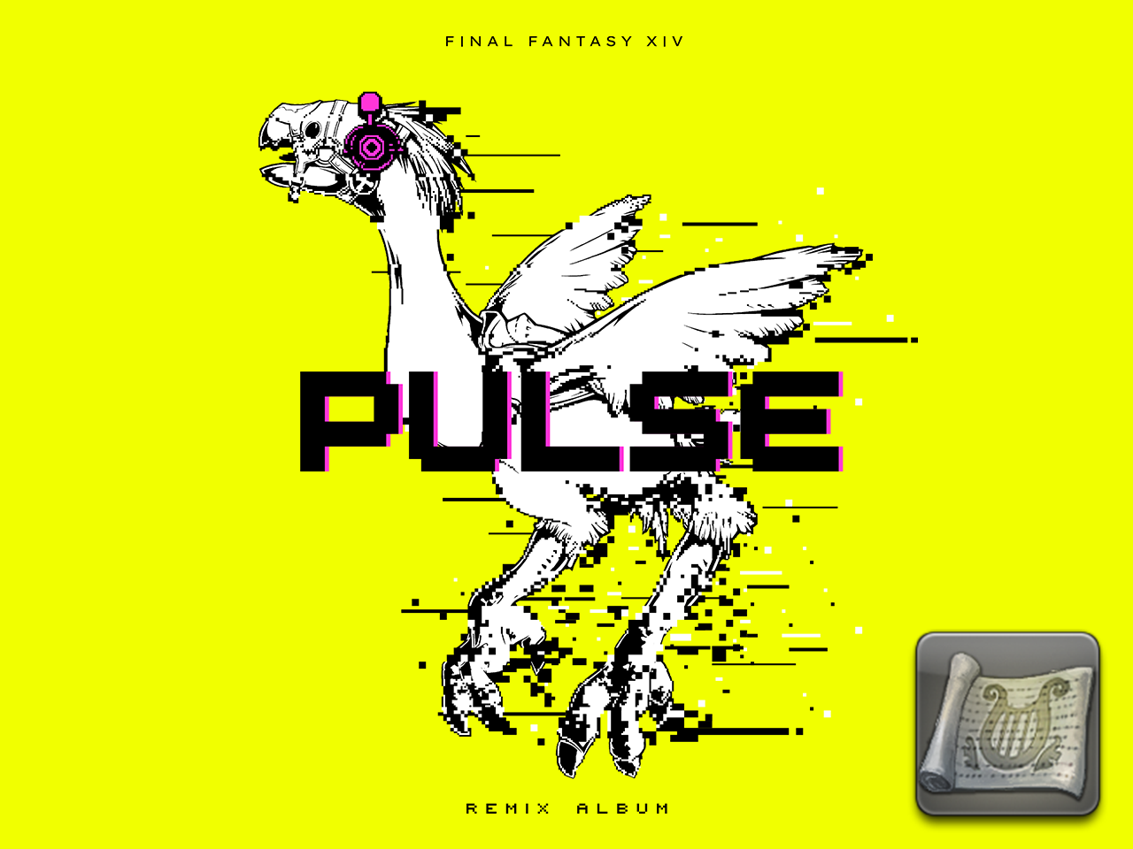 A chocobo wearing headphones with glitching effects around its edges with the text Final Fantasy XIV Remix Album above and below.