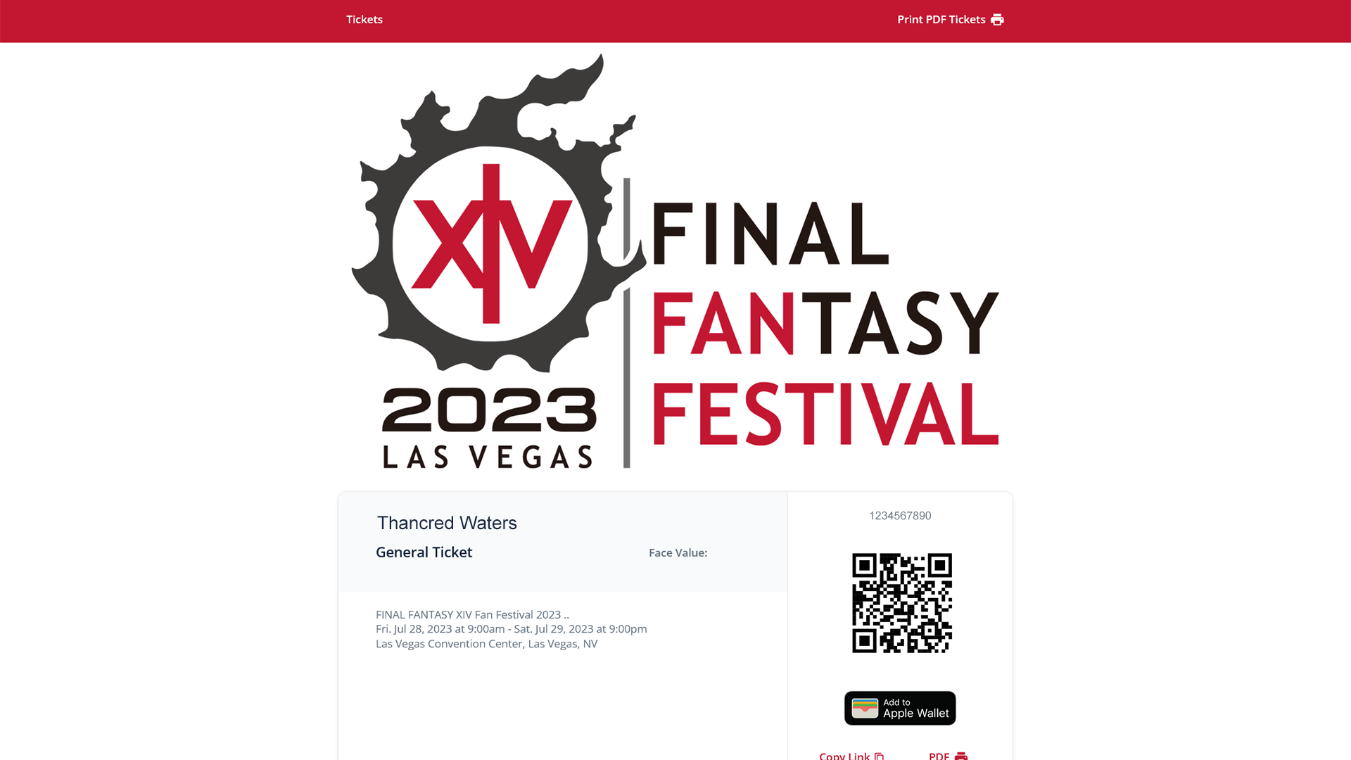 Example of a ticket page with a QR code.