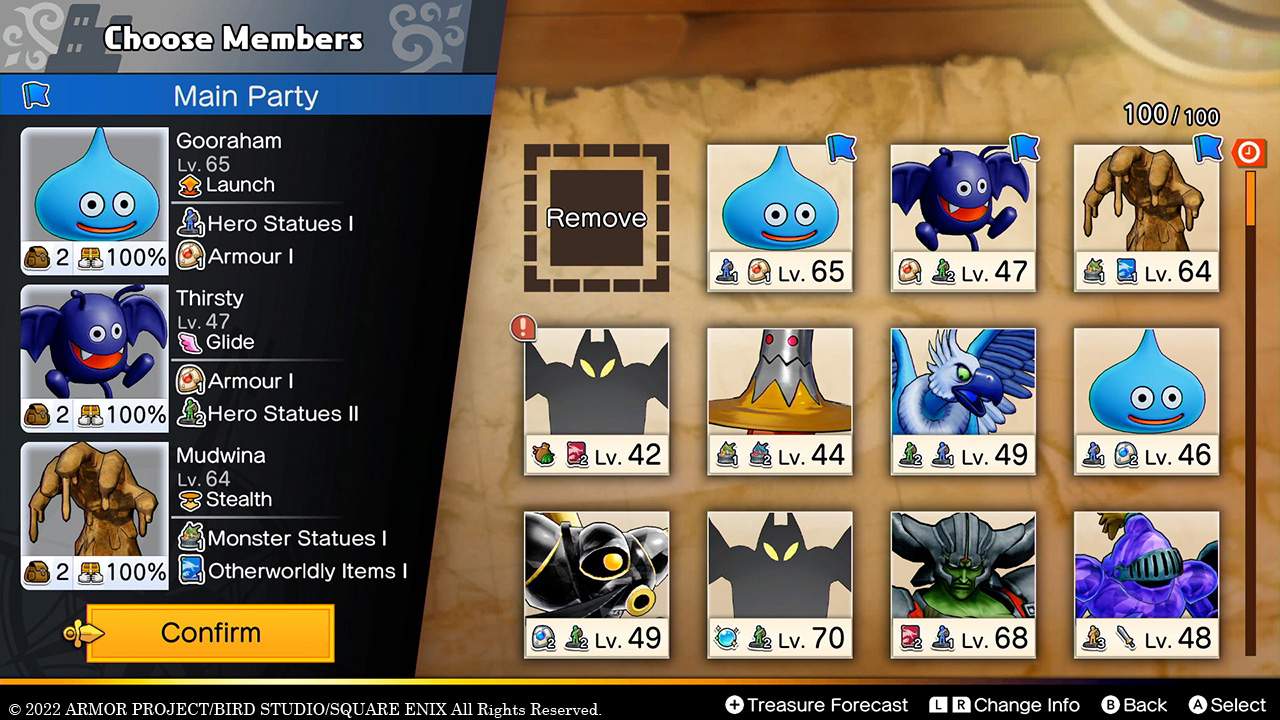 DRAGON QUEST TREASURES party selection screen