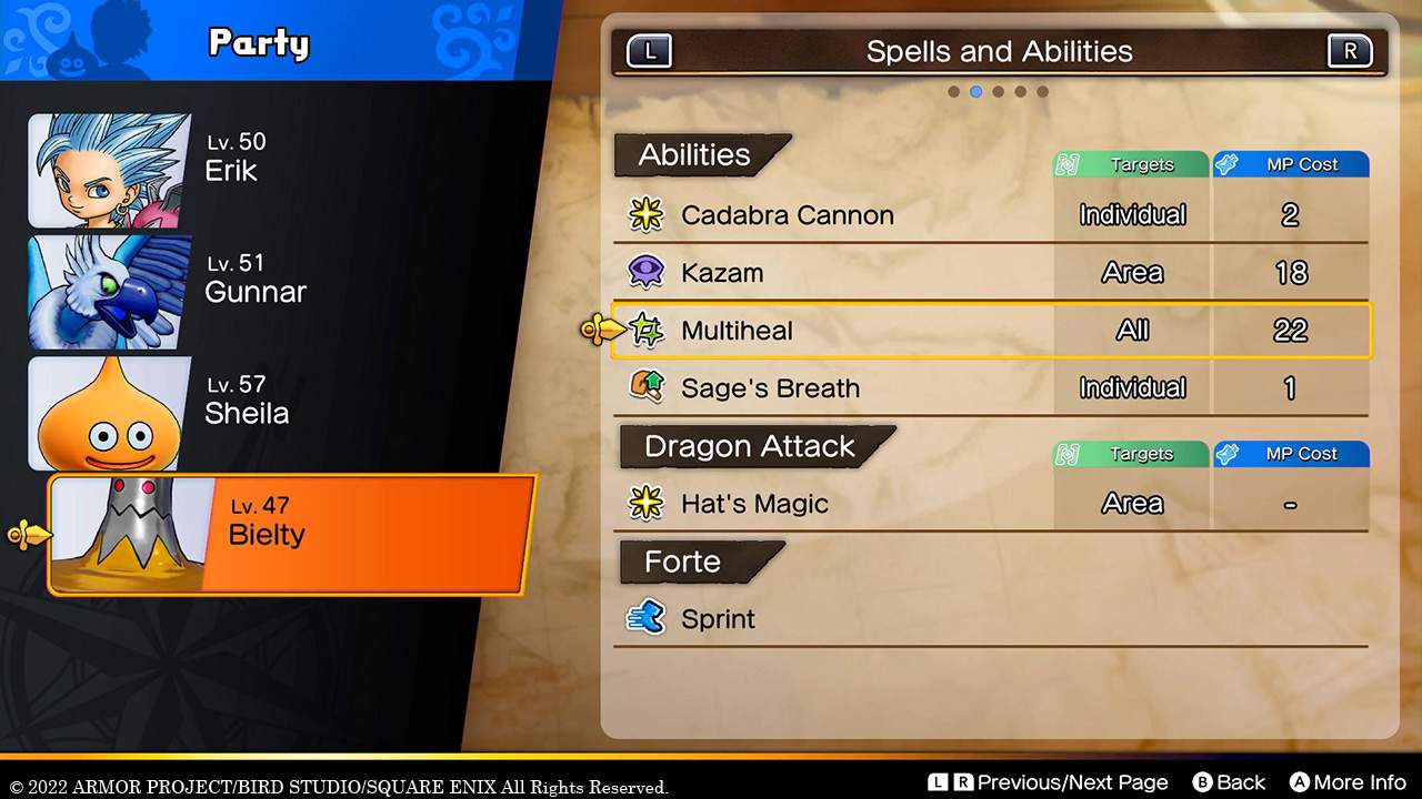 Spells and Abilities listed on the Party screen in DRAGON QUEST TREASURES
