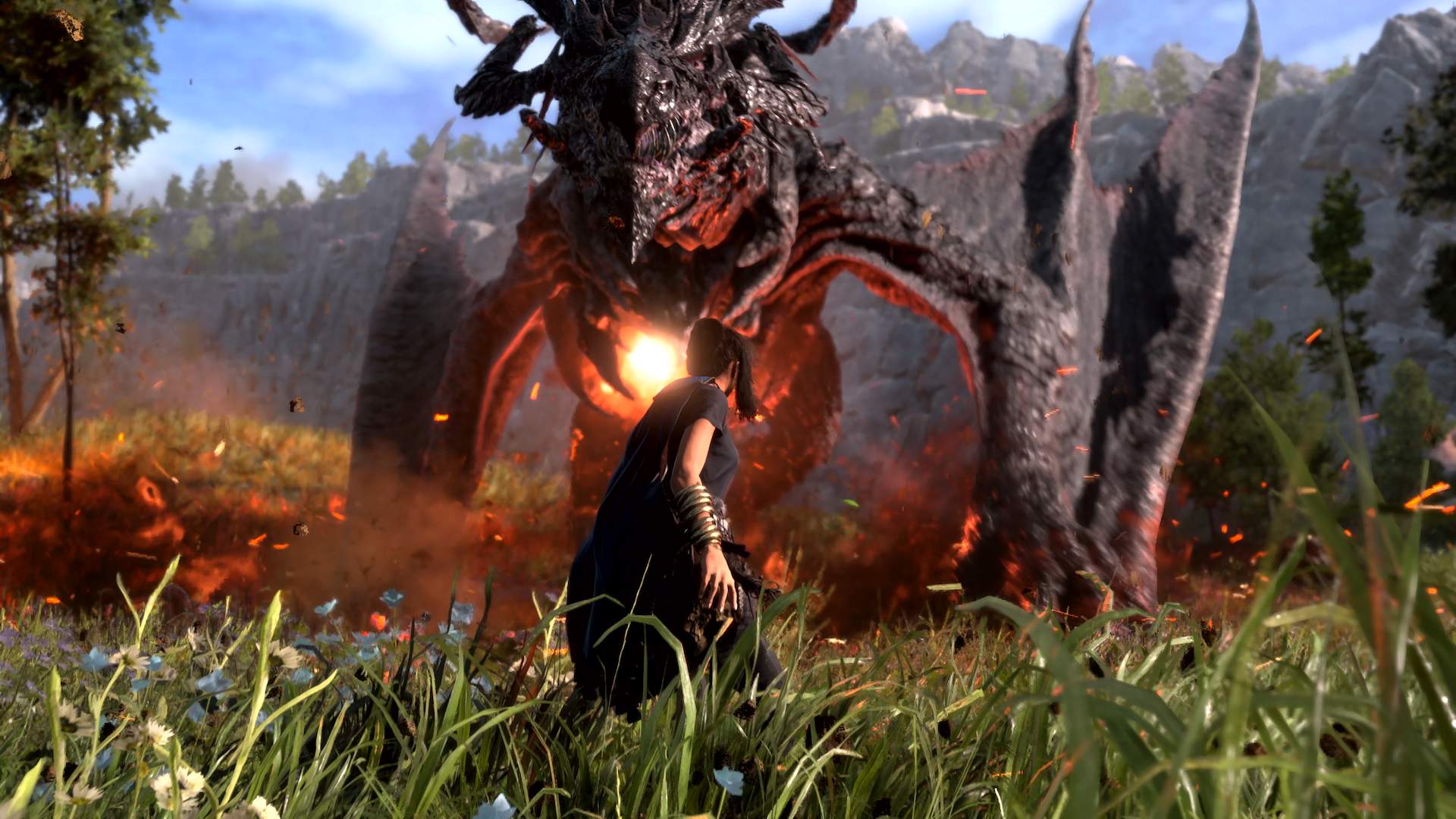 Forspoken screenshot showing Frey facing a dragon