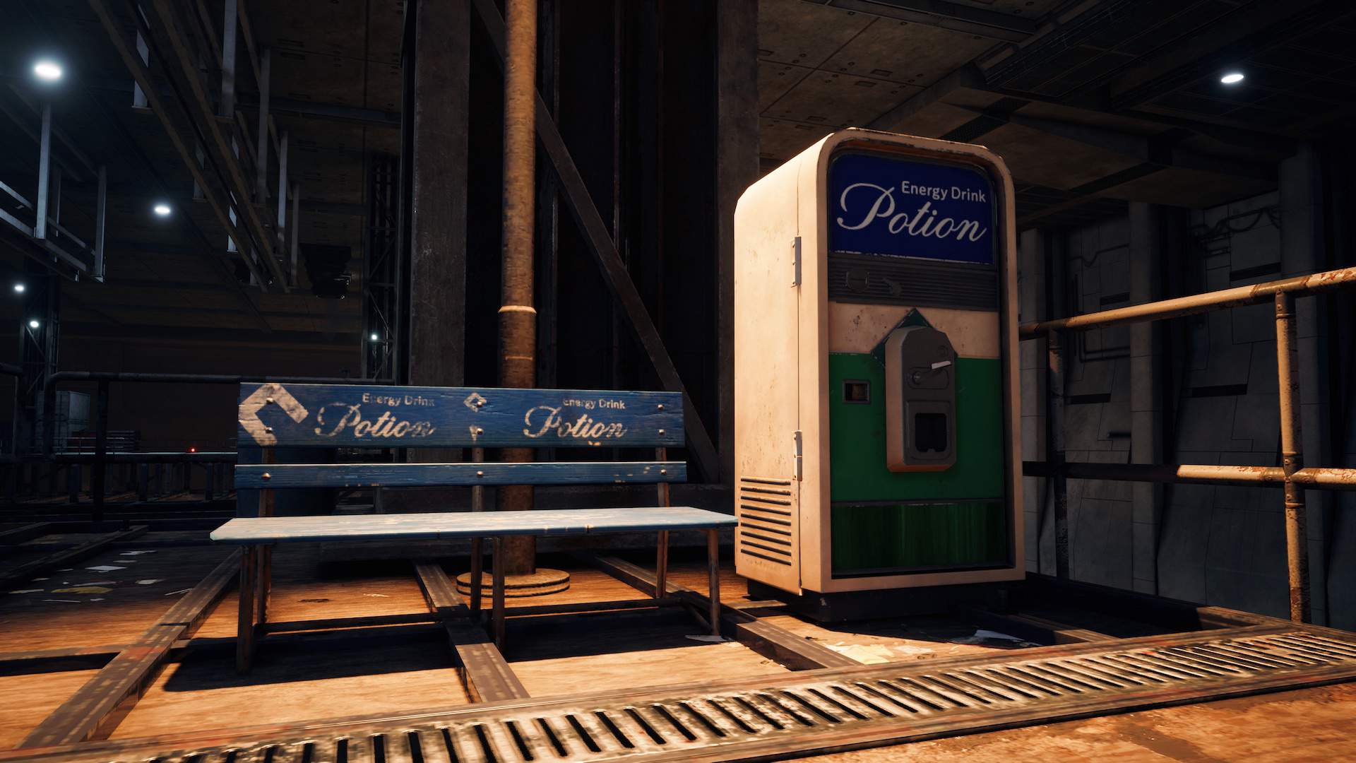 A bench and vending machine from FINAL FANTASY VII REMAKE
