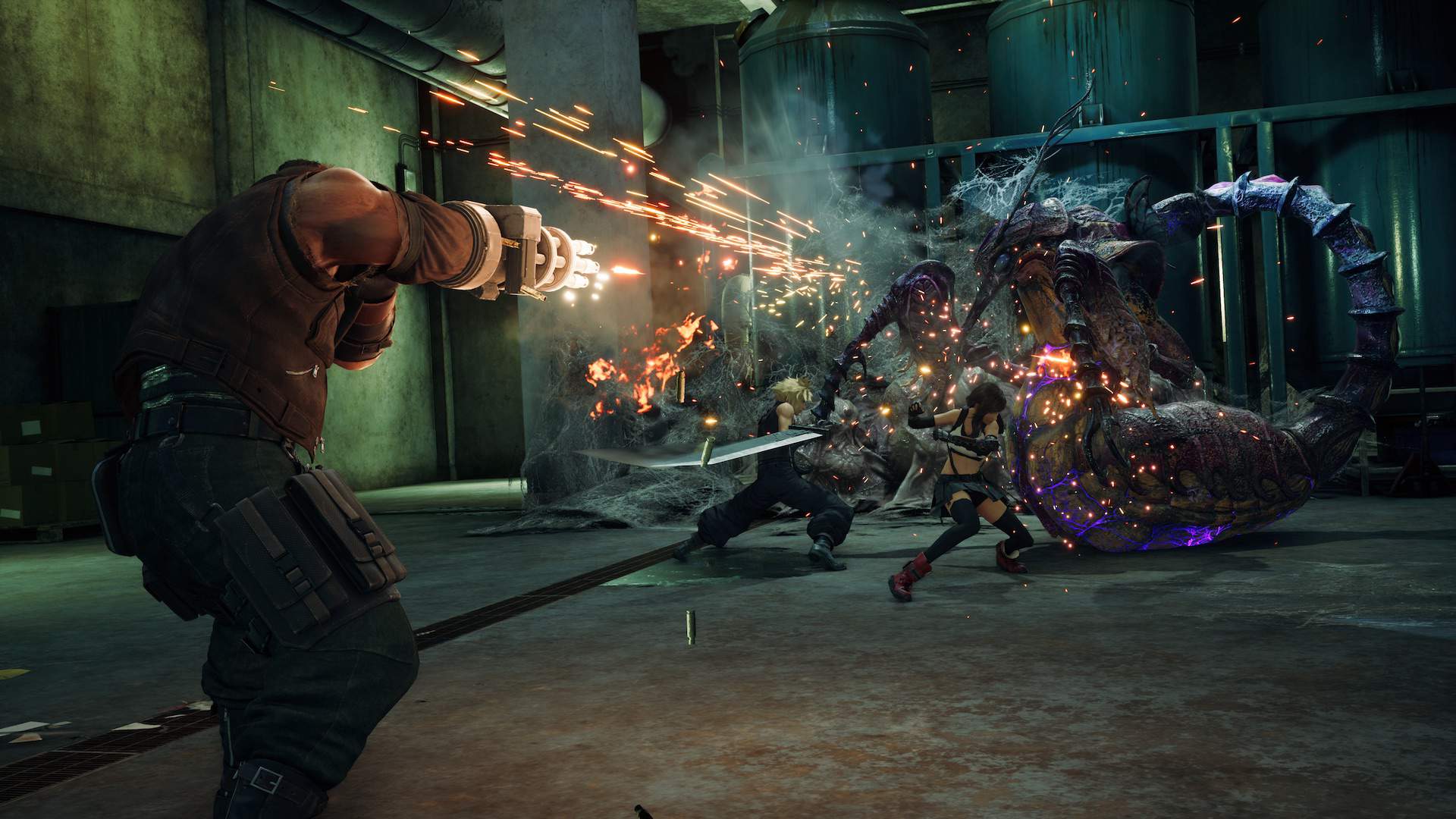 Barret firing at a group of monsters with his gun arm. Cloud and Tifa can be seen attacking from melee range.
