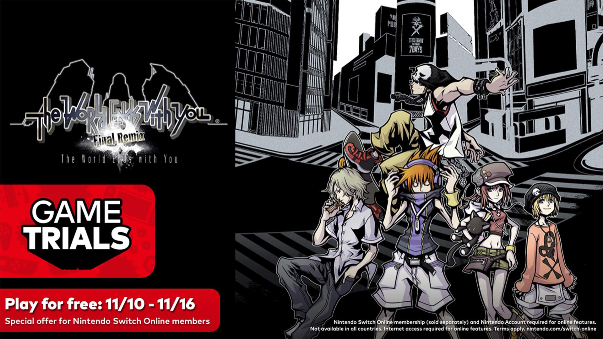 Characters of The World Ends with You: Final Remix stand in front of black and white city background