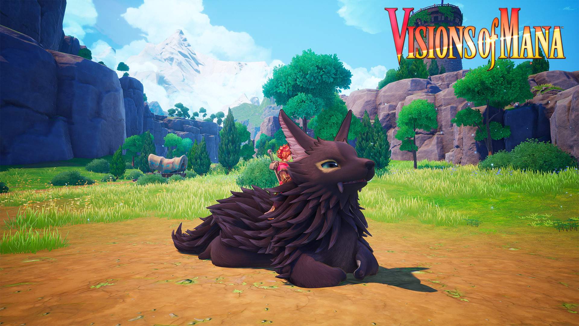 Val, le personnage principal de Visions of Mana, avec une grosse créature canine, un « pikul ».