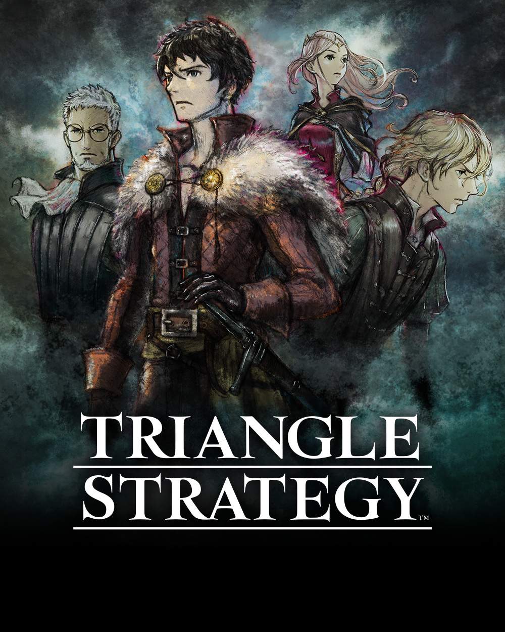TRIANGLE STRATEGY-Illustration mit den vier Protagonisten und dem Spiellogo.
