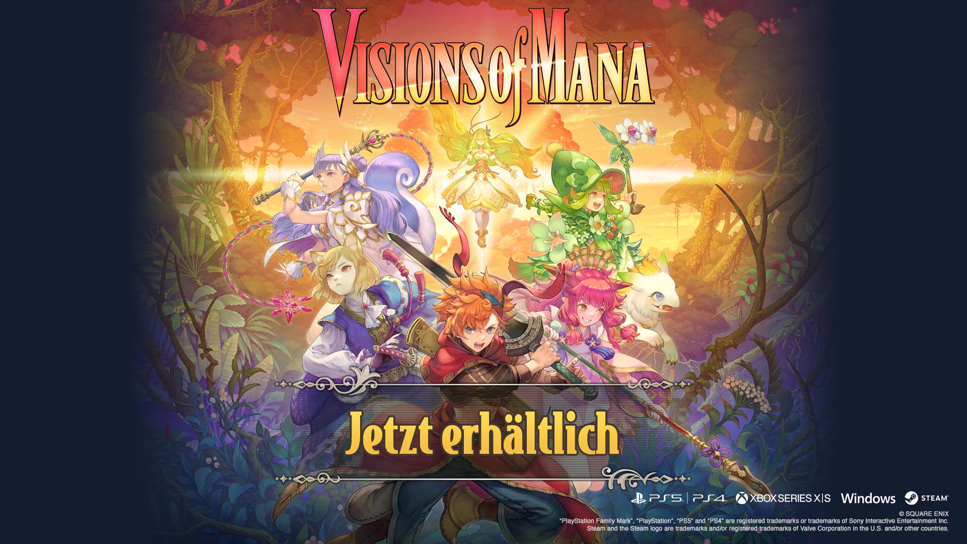 Visions of Mana characters in action poses on a vibrant and lush background. Available now.