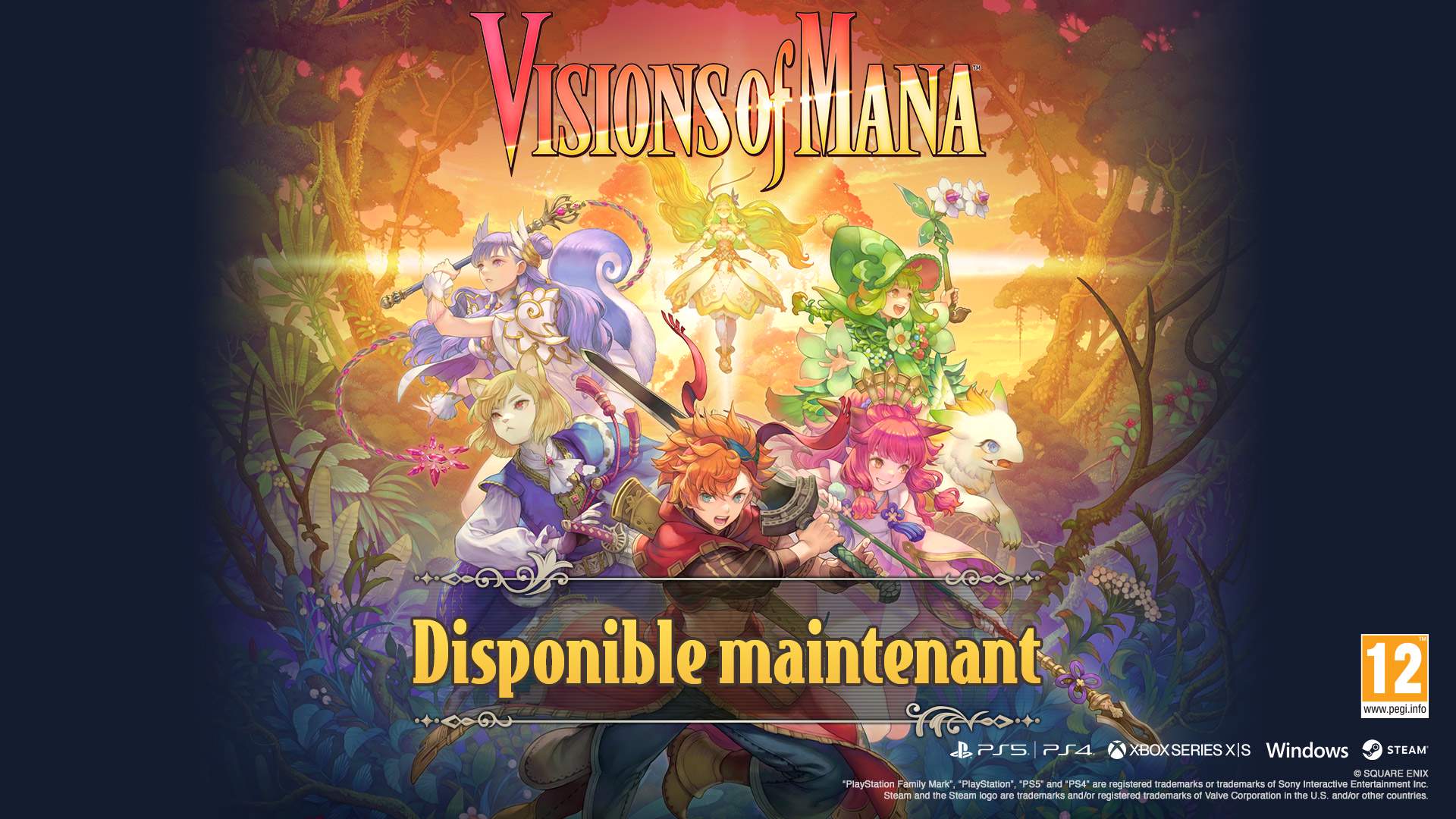 Visions of Mana characters in action poses on a vibrant and lush background. Available now.