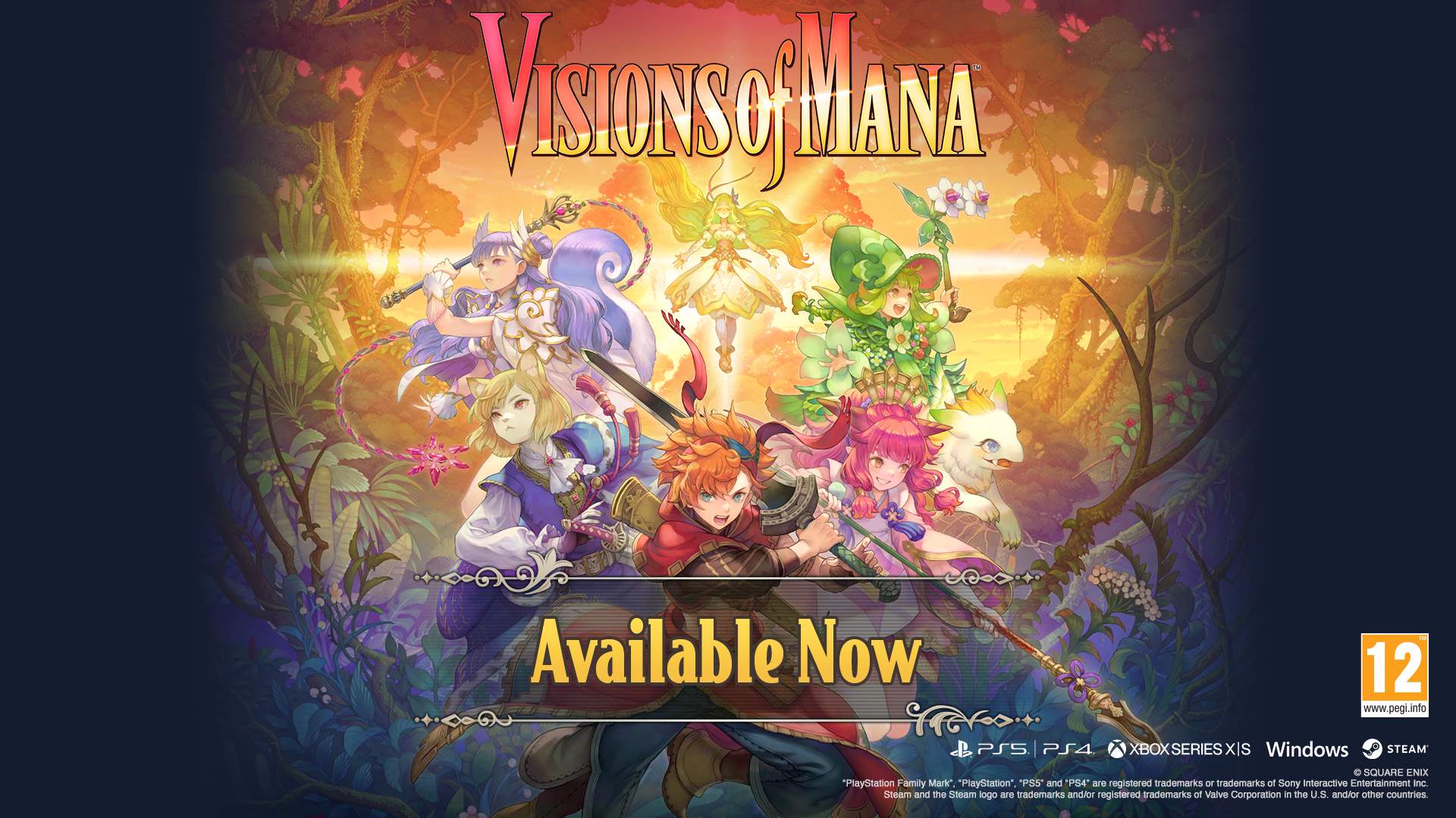 Visions of Mana characters in action poses on a vibrant and lush background. Available now.