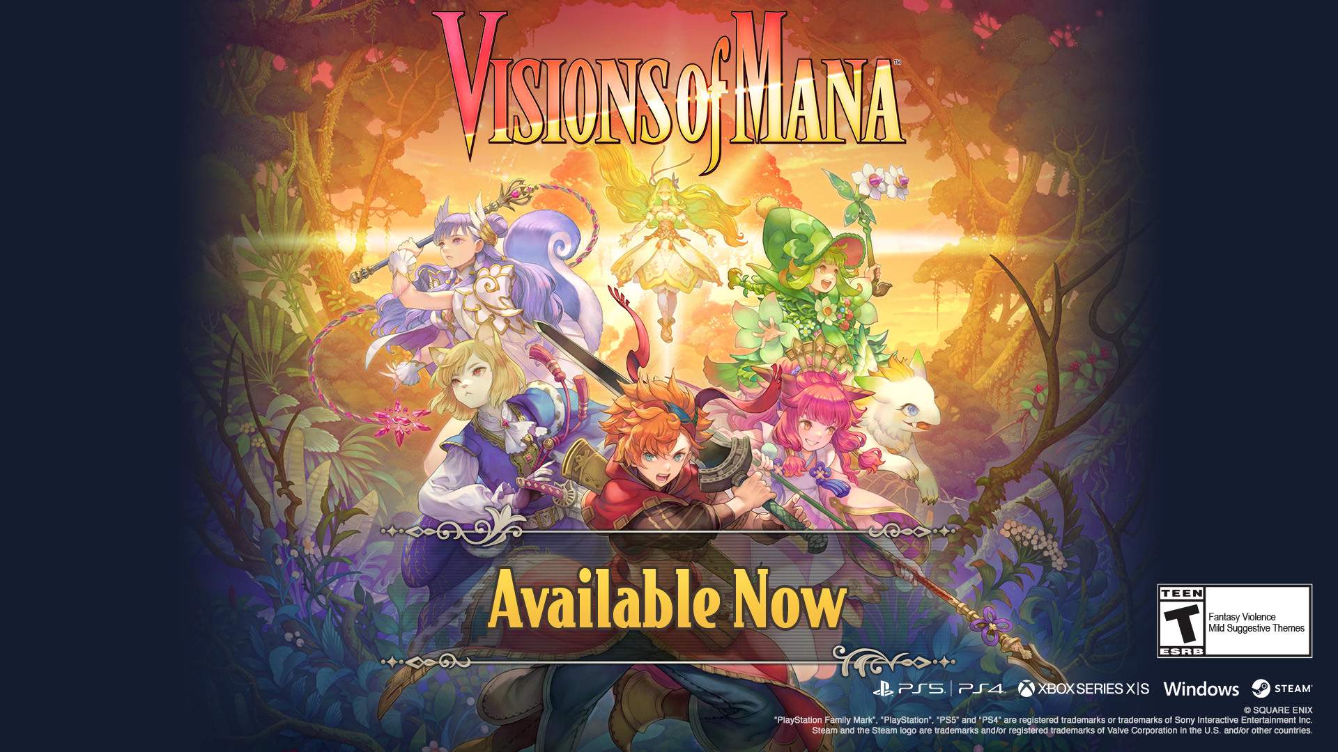 Visions of Mana characters in action poses on a vibrant and lush background. Available now.