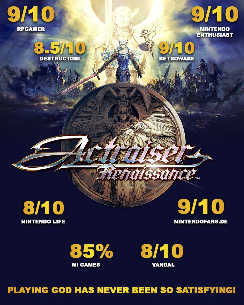 Actraiser Renaissance key art with a range of review scores and quotes.