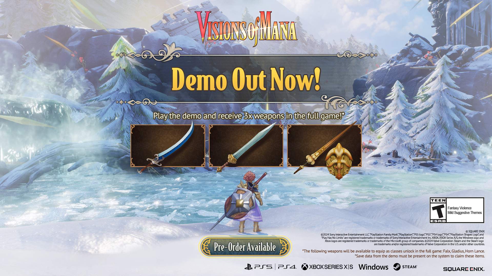 Val faces an icy river. Demo out now messaging is above him with 3 bonus weapons below.