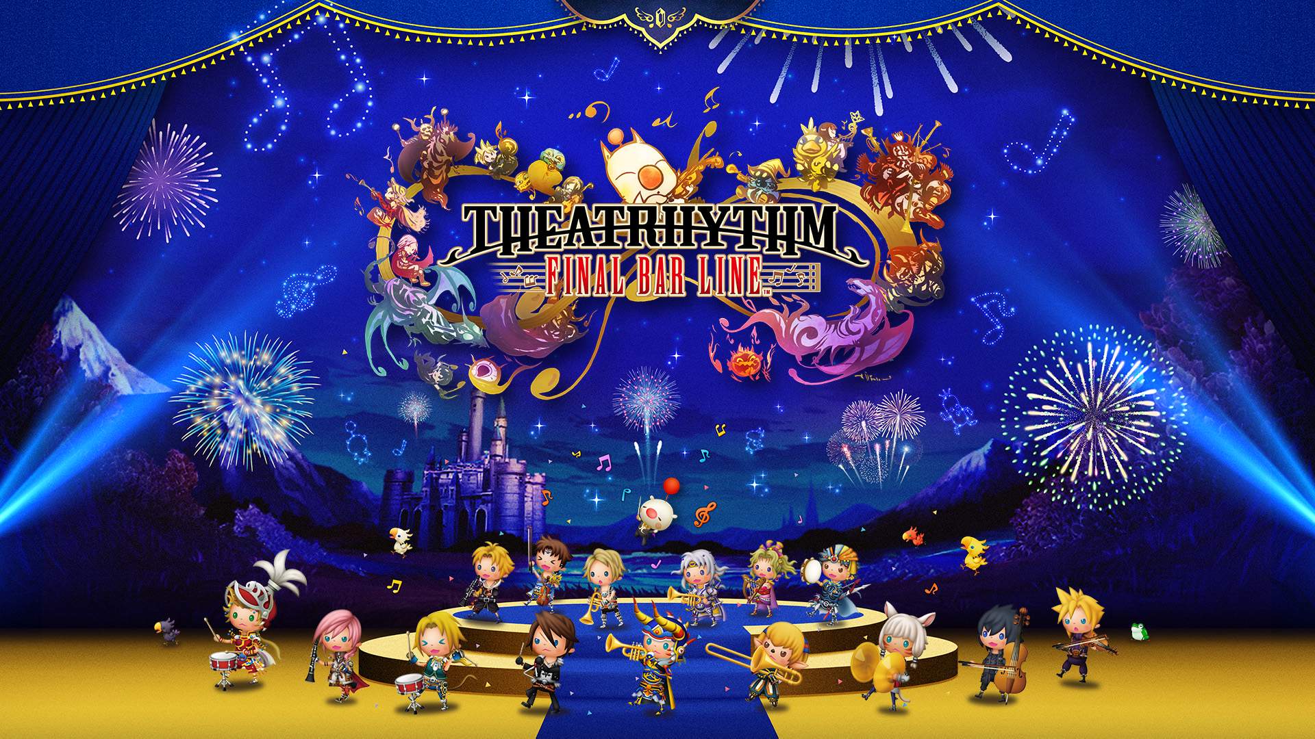 Game logo on festive blue background and cute versions of FINAL FANTASY characters