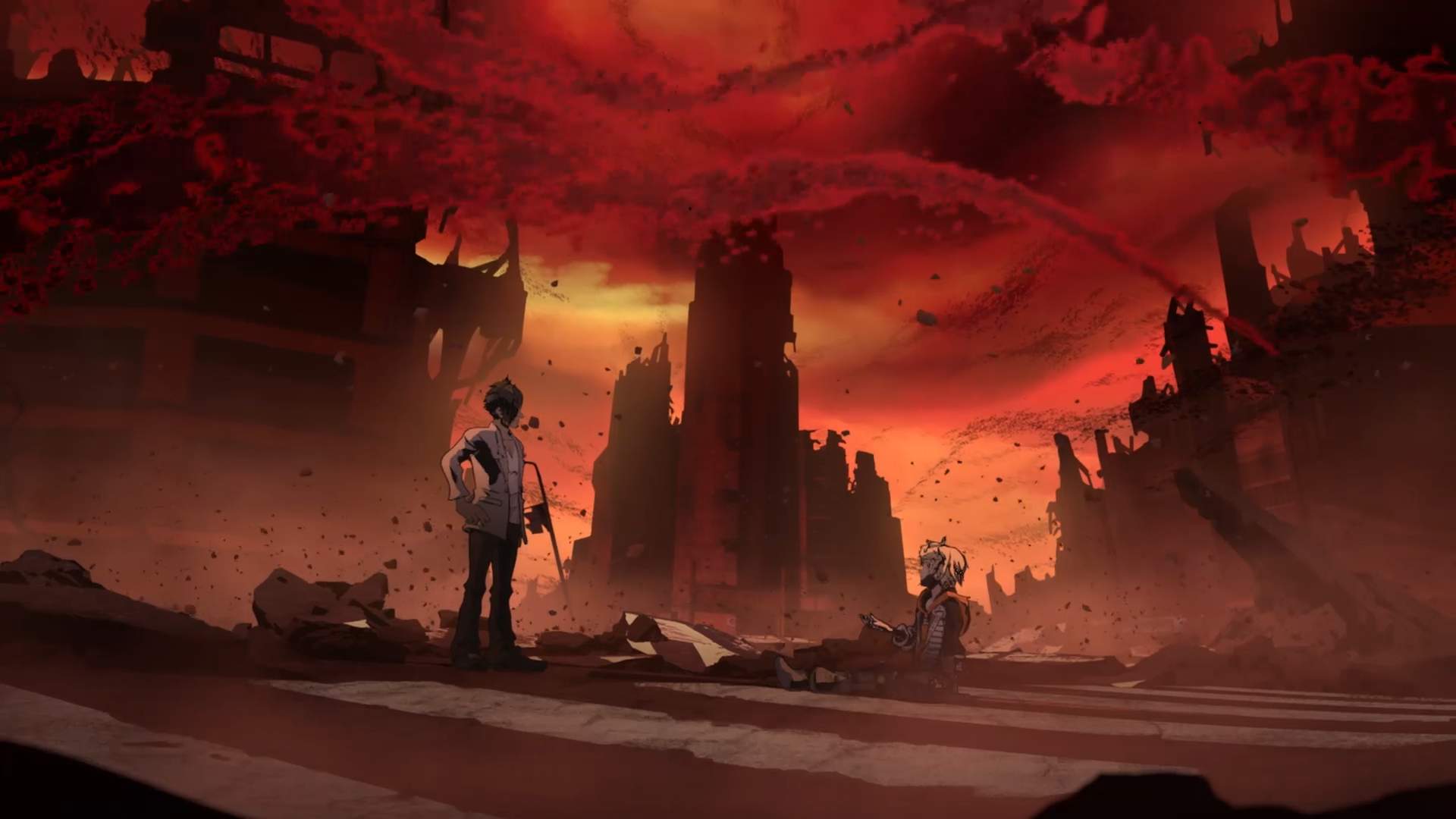 Rindo and unknown character standing in the city of Shibuya in ruin.