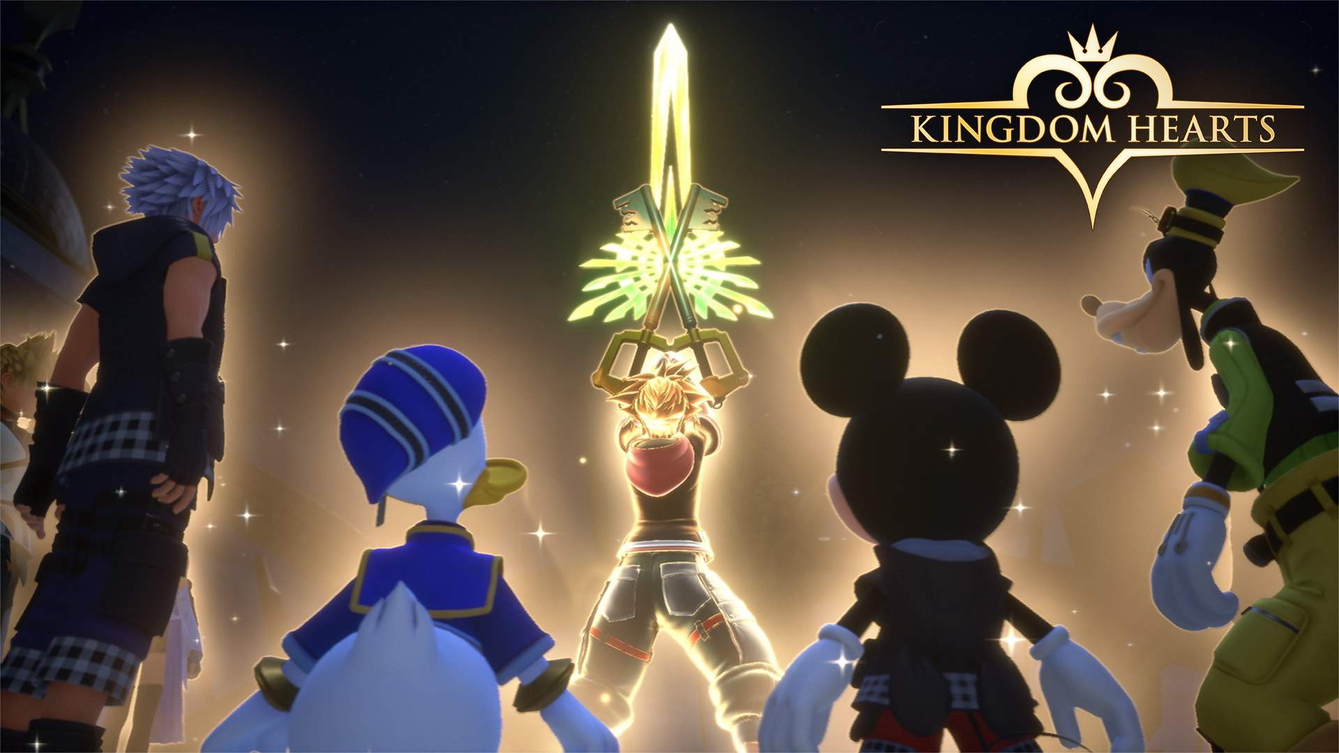 Sora hält zwei goldene Schlüsselschwerter und seine Gruppe steht dahinter. 