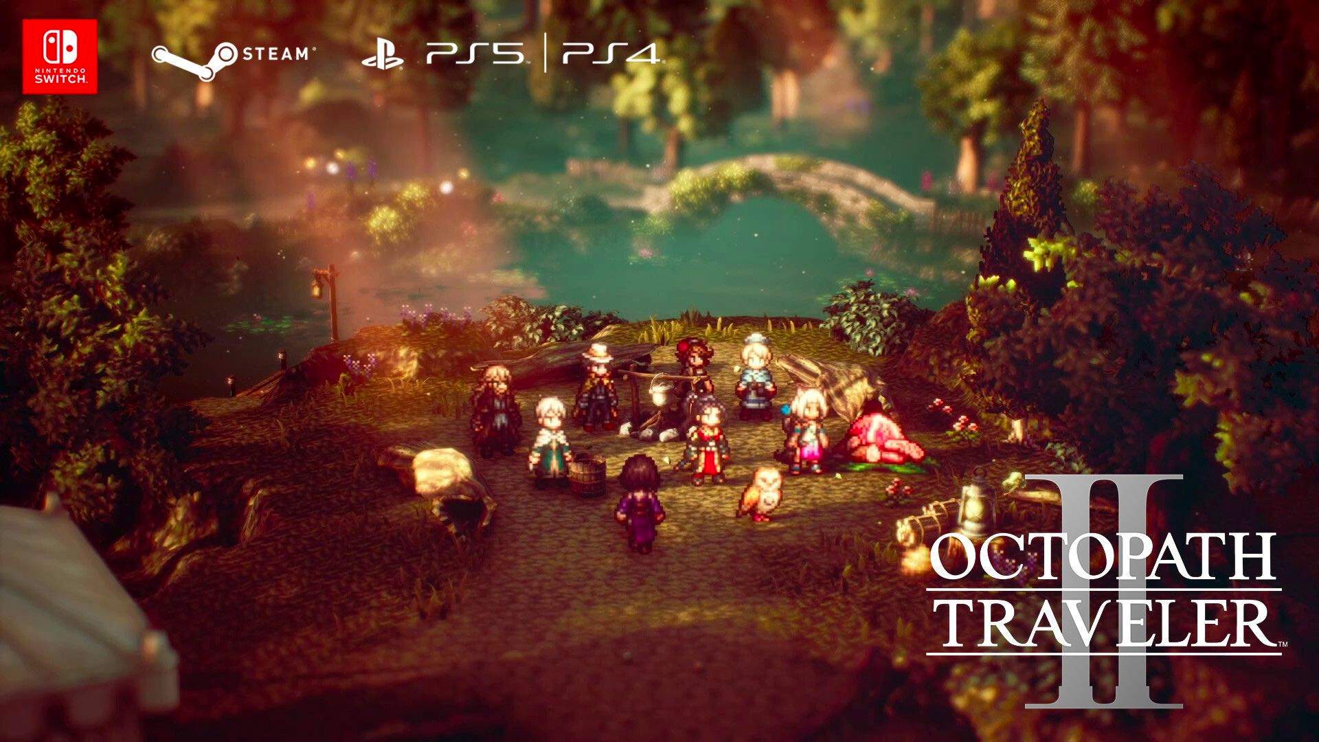 Les huit personnages du jeu autour d'un feu de camp derrière le logo d'Octopath Traveler 2