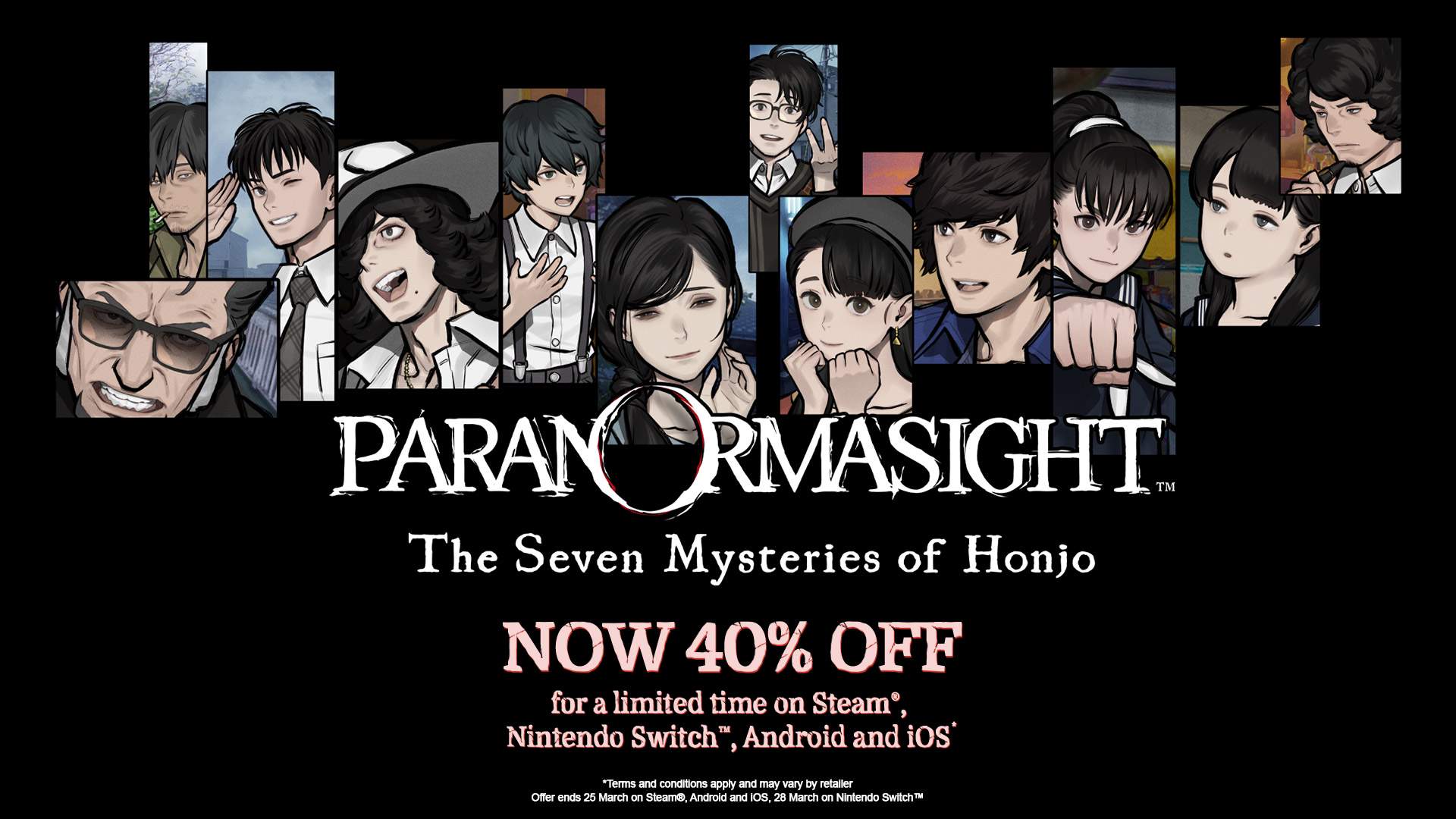 Multiple characters from PARANORMASIGHT with 40% off messaging below