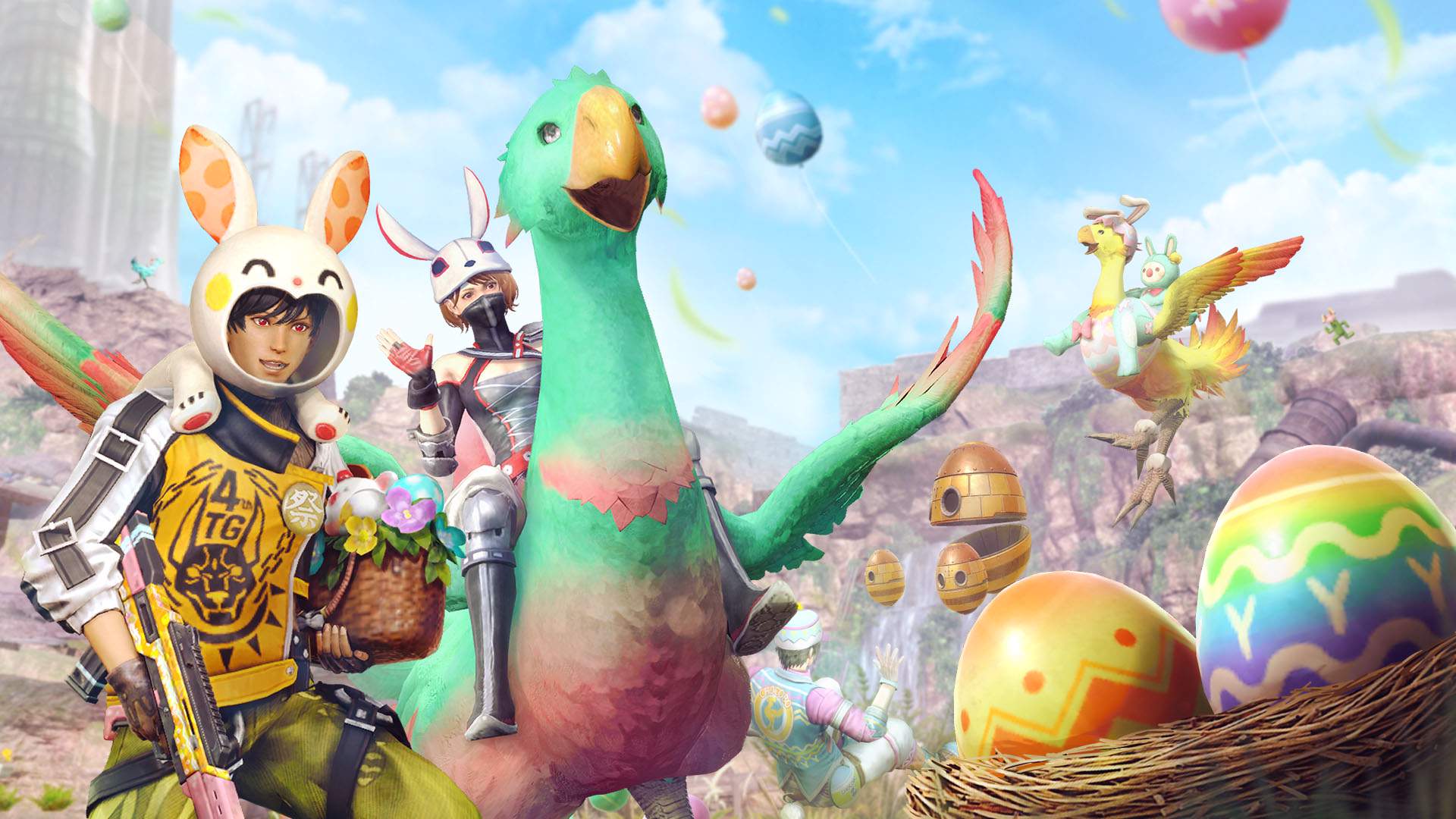 Colorful Chocobos and SOLDIER candidates appear to celebrate the Egg Hunt.