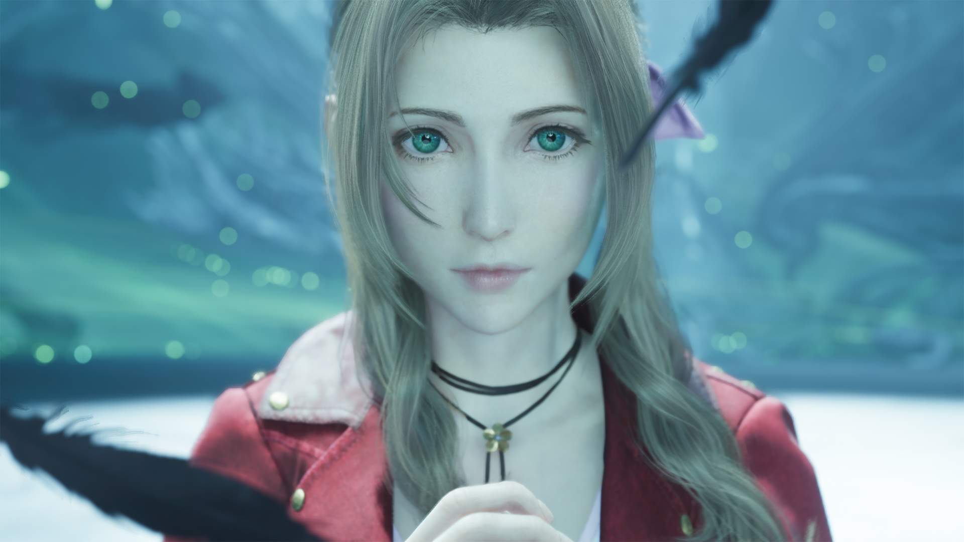 Aerith looking into the camera, while black feathers fall around her
