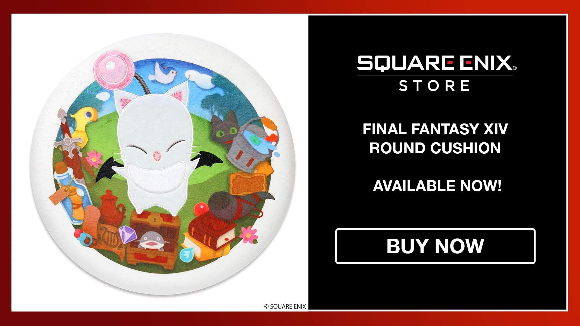FFXIV-themed round cushion, featuring the artwork from Moogle Treasure Trove! Available now.