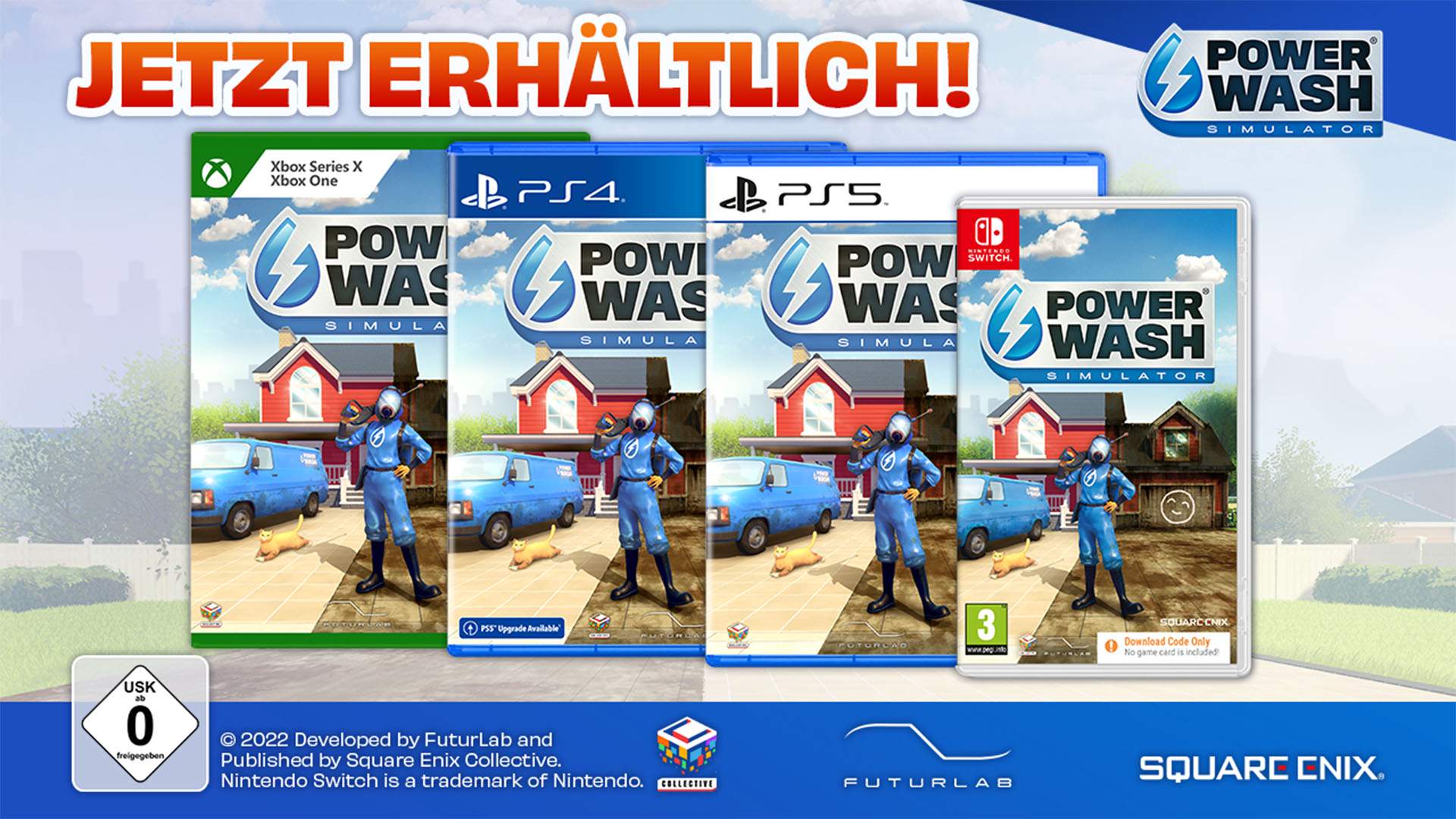 Vier Einzelhandelsversionen von POWERWASH SIMULATOR für Xbox, PS4, PS5 und Nintendo Switch. 