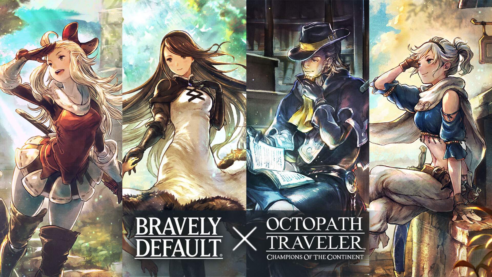 Edea, Agnès, Elvis, and Adelle of the Bravely Default series as they appear in the crossover event