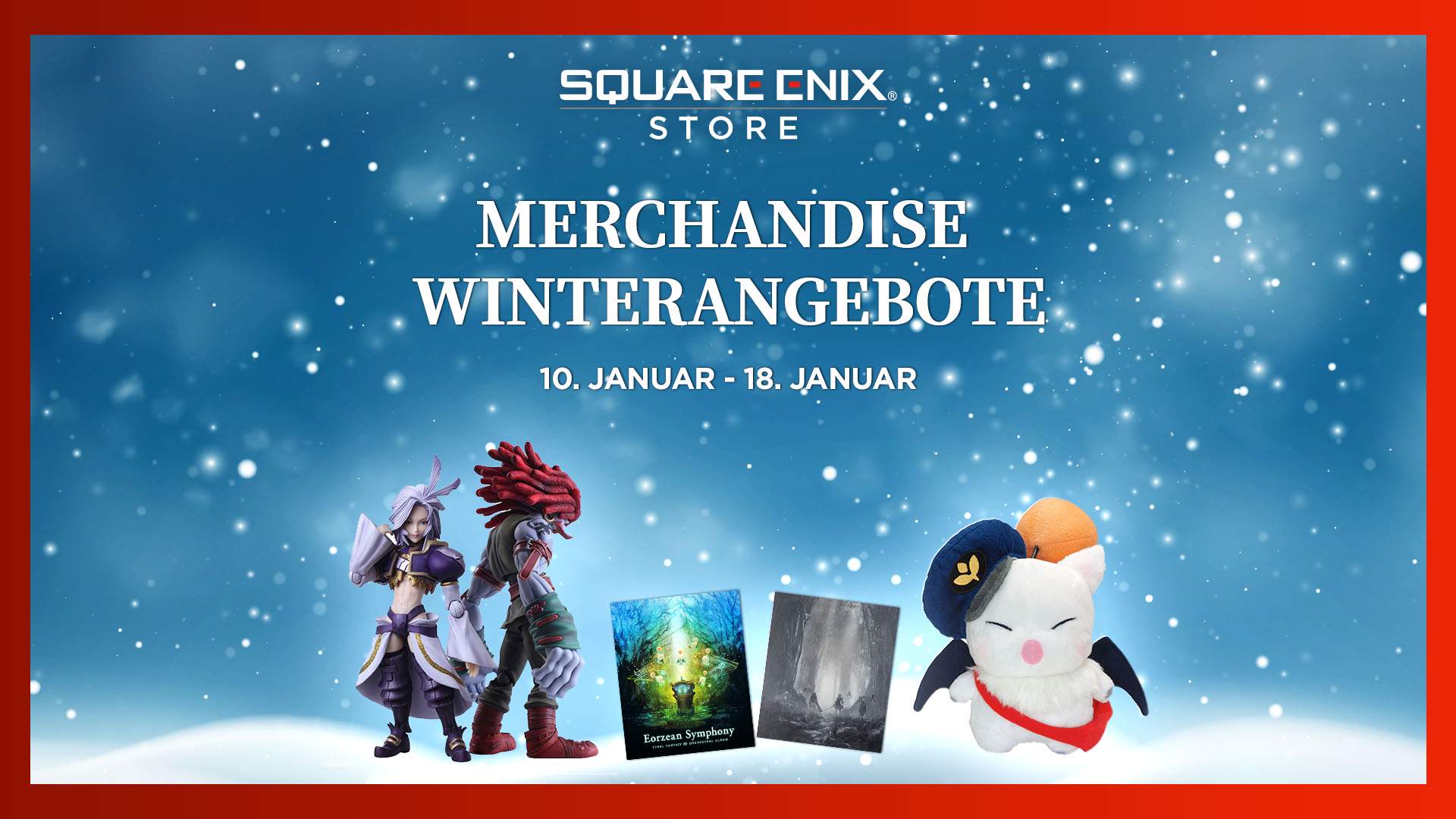 Wintery blue background with snow falling for the Square Enix Store Merchandise Winter Promotion