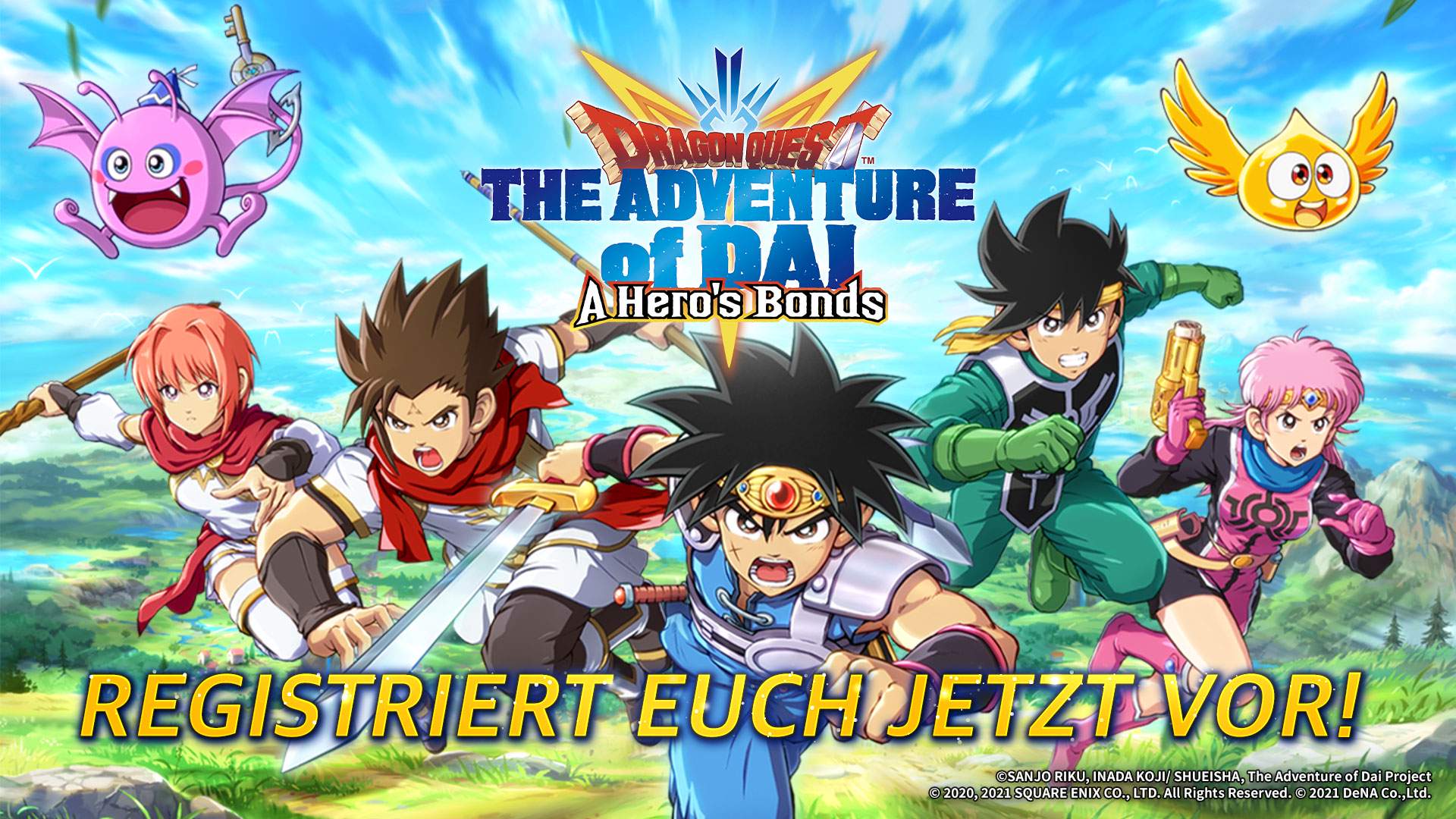 Helden aus DRAGON QUEST The Adventure of Dai: A Hero's Bonds & der Text „Registriert euch jetzt vor“
