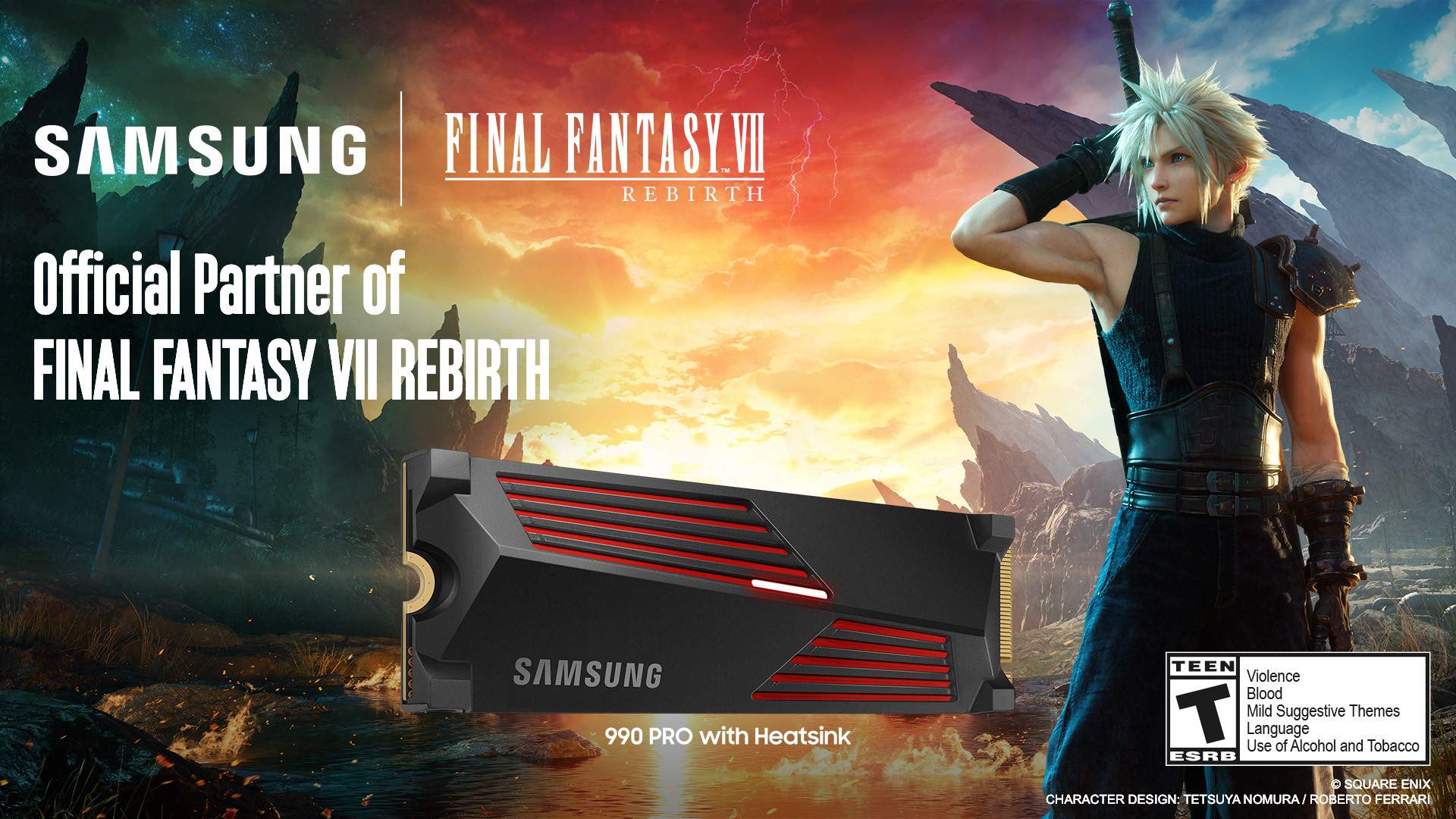 Cloud Strife standing next to Samsung SSD